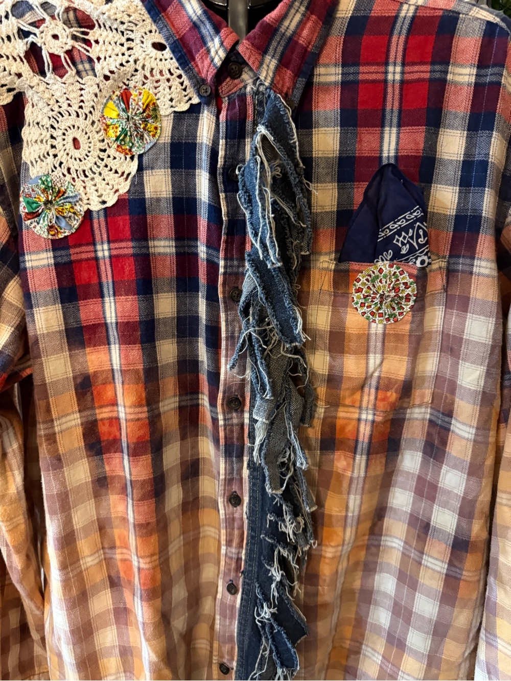 Upcycled Women's Red & Blue Plaid Button-Down Flannel Shirt - Picture 3 of 8